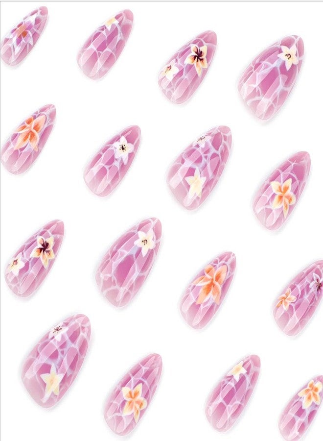 Foccna Press on Nails Almond Medium Pearl White Fake Nails French Glossy 3D Flower False Nail Tips Artificial Nails Finger Manicure for Women 24 pcs - Image 3